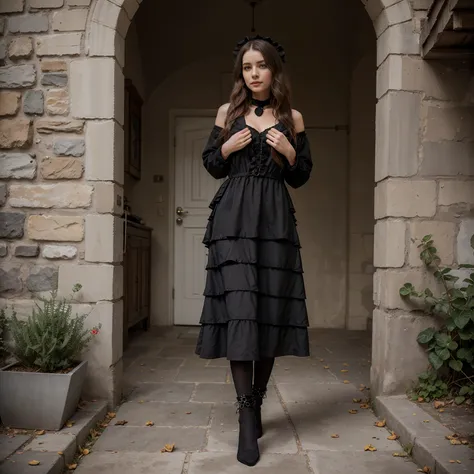 Frau in Gothic-Kleidung, schwarzes Haar, lila Spitzen, ((Ombre Haar)), Spitzenhalsband, (Korsett), Jacke, Lederhandschuhe, layered ruffle dress, Unterrock aus Spitze, kniehohe Stiefel, Socks, tapes, Full body