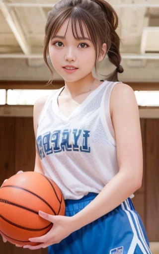 cowboy shot,looking up,dribbling a basketball,,smile,sportswear for basketball, adorable, japanese girl, Hair brown hair,Braid, hair scrunchie, (high color saturation:1.0), highest quality, ultra high resolution, photo-realistic, Super detailed, 8K, RAW ph...