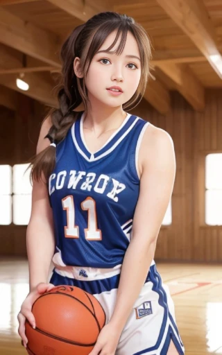 cowboy shot,looking up,dribbling a basketball,,smile,sportswear for basketball, adorable, japanese girl, Hair brown hair,Braid, hair scrunchie, (high color saturation:1.0), highest quality, ultra high resolution, photo-realistic, Super detailed, 8K, RAW ph...