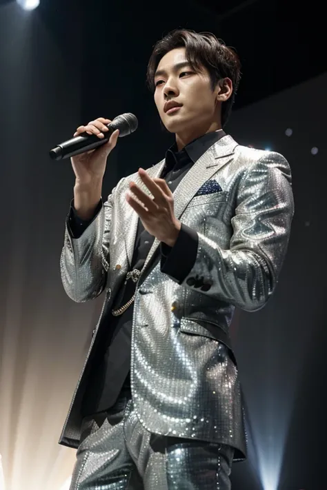 noite deslumbrante no palco, renomado cantor coreano de K-pop, enveloped in an aura of elegance and brilliance. Its presence is magnetic, com um traje meticulosamente adornado com pedras cintilantes que refletem a luz do palco.