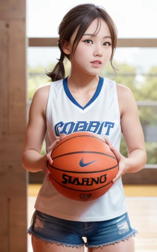 cowboy shot,looking away,dribbling a basketball,,smile,sportswear for basketball, adorable, japanese girl, Hair brown hair,Braid, hair scrunchie, (high color saturation:1.0), highest quality, ultra high resolution, photo-realistic, Super detailed, 8K, RAW ...