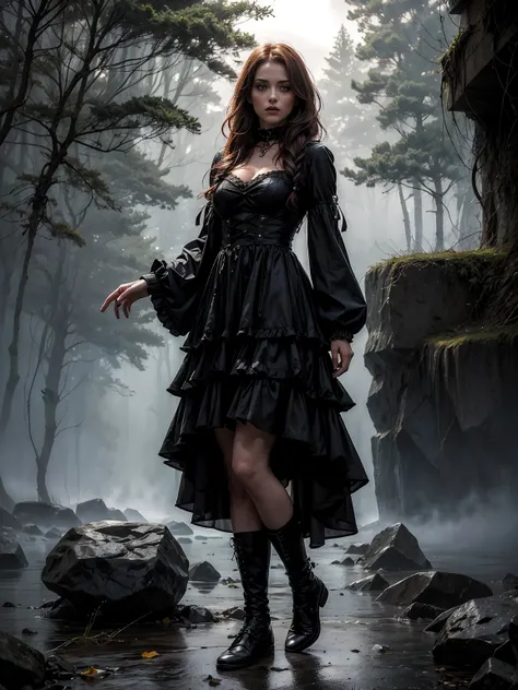 Frau in Gothic-Kleidung, schwarzes Haar, lila Spitzen, ((Ombre Haar)), Spitzenhalsband, (Korsett), Jacke, Lederhandschuhe, layered ruffle dress, Unterrock aus Spitze, kniehohe Stiefel, Socks, tapes, Full body,mystique, misty,Astral creature 