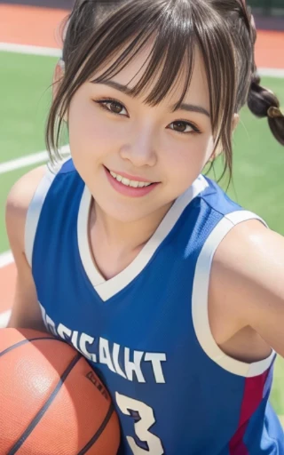 face close-up,looking up,dribbling a basketball,,smile,sportswear for basketball, adorable, japanese girl, Hair brown hair,Braid, hair scrunchie, (high color saturation:1.0), highest quality, ultra high resolution, photo-realistic, Super detailed, 8K, RAW ...