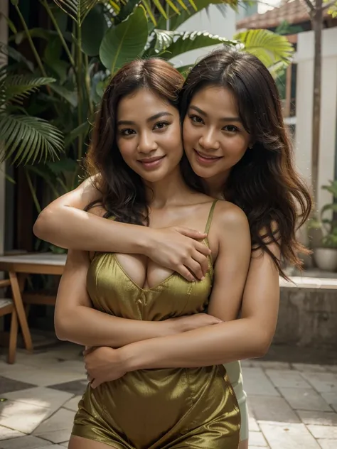 (best quality,4k,8k,highres,masterpiece:1.2),ultra-detailed,(realistic,photorealistic,photo-realistic:1.37),bold colors,soft lighting,medium:oil painting,2 women,full body,beautiful,detailed facial features,40 years old,Thai ethnicity,lingerie,smiling,hugg...