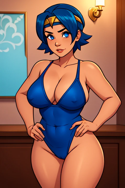 Pkmlana, thick thighs, beautiful, masterpiece, headband, blue hair, blue eyes, swimsuit