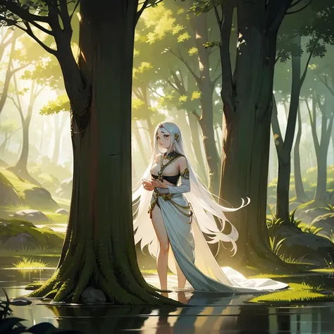 Under the soft light of the sun, an Indian woman of remarkable beauty finds herself alone, immersed in the serenity of nature. Her pale skin glows, reflecting the purity of her surroundings. Long white hair flows gracefully, capturing the essence of the wi...