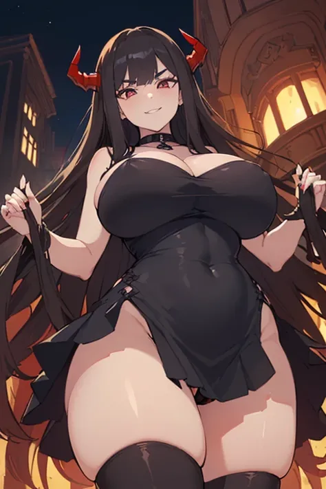 ((1 demon woman, curvy with long black hair and blue eyes huge breasts wearing a very small and tight and very revealing dress)),((1 curvy demon woman with long brown hair and red eyes with huge bigger breasts and wearing a mini skirt that shows her pantie...