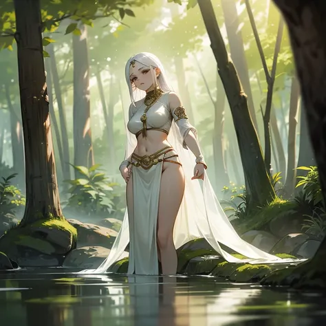 Under the soft light of the sun, an Indian woman of remarkable beauty finds herself alone, immersed in the serenity of nature. Her pale skin glows, reflecting the purity of her surroundings. Long white hair flows gracefully, capturing the essence of the wi...