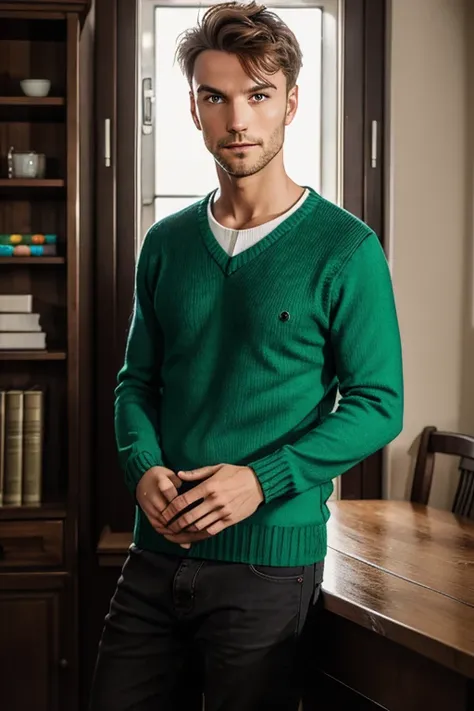 Ein junger Mann in den Zwanzigern mit einem lebhaften Ausdruck. He is wearing a green sweater, der seine Umweltbewusstsein symbolisiert. His eyes radiate curiosity and enthusiasm for clean energy. Im Hintergrund ist eine Kleinstadt zu sehen mit Windkraftan...