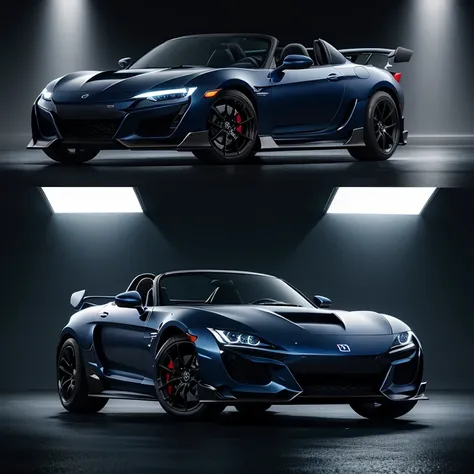 A dark blue Honda S2000 with futuristic design and off-road suspension. The car appears mysterious and sleek. The exterior is highlighted by the dark blue color, giving it a sense of elegance and sophistication. The suspension is enhanced for off-road adve...