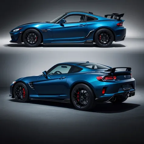 A dark blue Honda S2000 with futuristic design and off-road suspension. The car appears mysterious and sleek. The exterior is highlighted by the dark blue color, giving it a sense of elegance and sophistication. The suspension is enhanced for off-road adve...