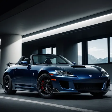 A dark blue Honda S2000 with futuristic design and off-road suspension. The car appears mysterious and sleek. The exterior is highlighted by the dark blue color, giving it a sense of elegance and sophistication. The suspension is enhanced for off-road adve...