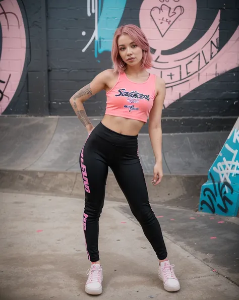 Nina, a 26-year-old South African, stands at 510" with a slender yet athletic physique. Her shoulder-length coral-pink hair and piercing gray eyes reflect her bold personality. She is in skatepark. Nina wears a tight black and pink BMX outfit. The vibrant ...