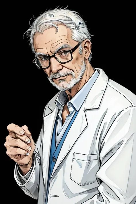 : An older gentleman with white hair and glasses. He is wearing a lab coat, was seine Erfahrung und Expertise im Maschinenbau unterstreicht. Sein Gesicht zeigt die Spuren von jahrelanger Hingabe an die Wissenschaft.