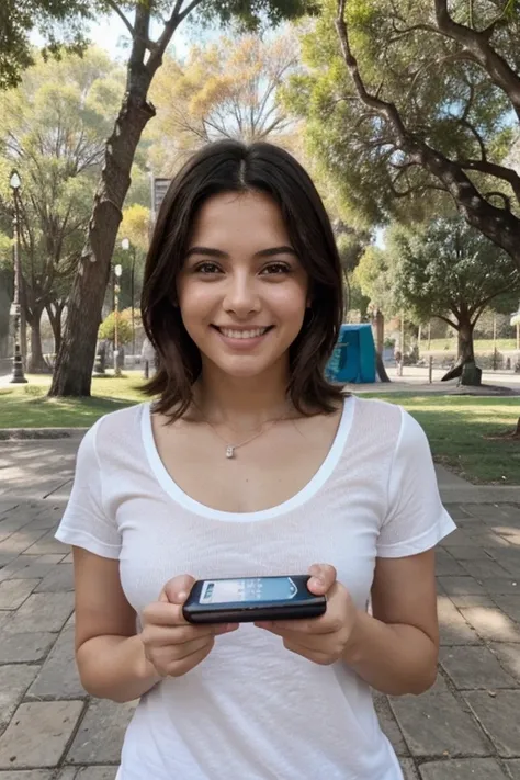 mujer sentada tez blanca, cabello corto , en el parque, soleado, con una mano sosteniendo una caja de telefono nuevo, sonriendo, alta calidad