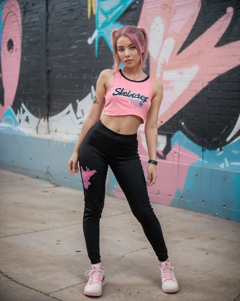 Nina, a 26-year-old South African, stands at 510" with a slender yet athletic physique. Her shoulder-length coral-pink hair and piercing gray eyes reflect her bold personality. She is in skatepark. Nina wears a tight black and pink skate outfit. The vibran...