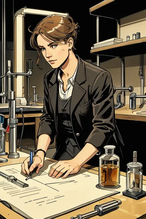 A laboratory picture shows Alex and Professor Müller, surrounded by high-tech devices and sketches of screw connections. Die Szene verdeutlicht die Tiefe der Forschung und die Zusammenarbeit der beiden. Robi is equipped with small tools and actively suppor...