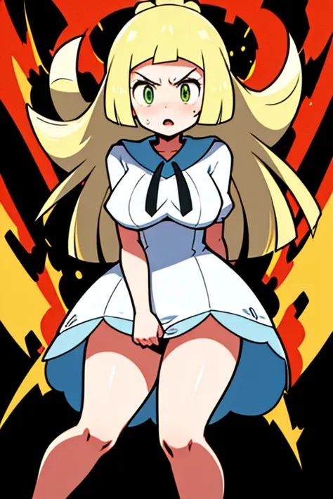 high quality, masterpiece, facing screen, big tits, thick thighs, bent over, arms on hip, angry, lillie, green eyes, white transparent dress