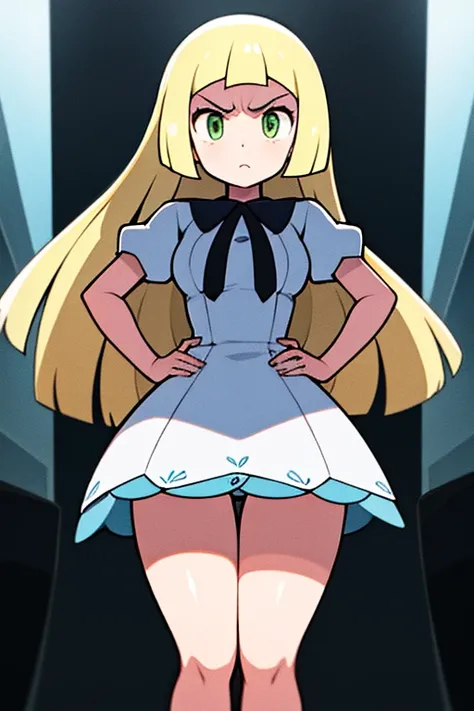 high quality, masterpiece, facing screen, big tits, thick thighs, bent over, hands on hip, angry, lillie, green eyes, white transparent dress