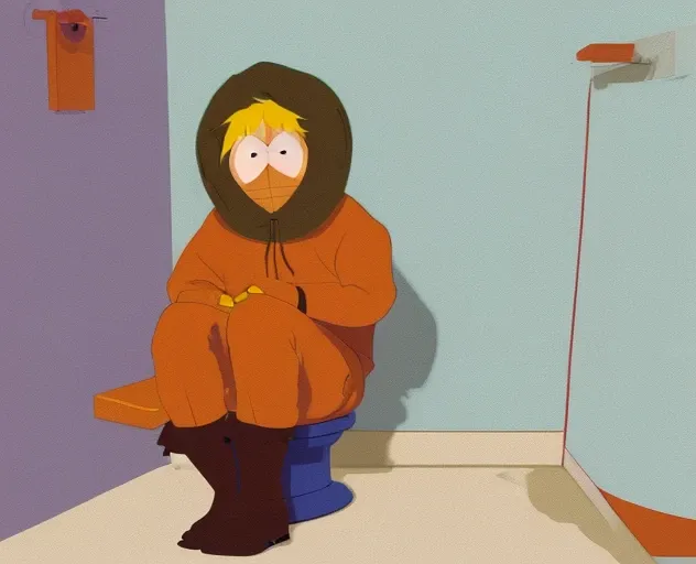 kenny mccormick sitting on the toilet in bathroom, south park style, artist by jean-pierre meixiu