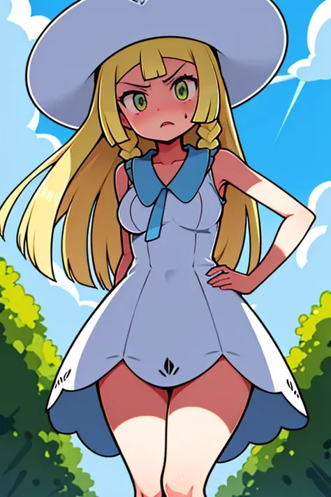 high quality, masterpiece, facing screen, big tits, thick thighs, bent over, arms on hip, angry, aalillie, long hair, braid, sun hat, white headwear, collarbone, sleeveless dress, white dress