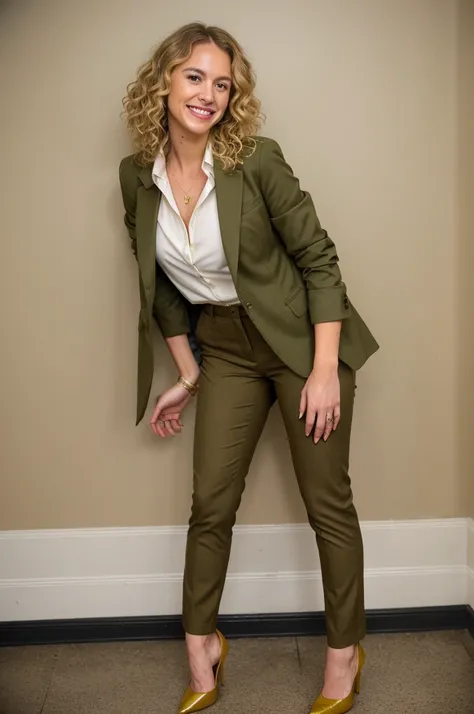 tall blonde, curly hair, olive green business pants and olive green jacket, ((tan 5" heels)), ((tan blouse)), messy bob haircut, ((pee stain)), show heels, heels filled with pee, shins of pants are soaked with pee, pants really soaked with pee, pee stain i...