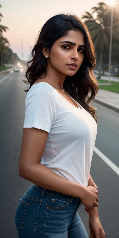 beautiful mature Indian college girl, in black basic round neck Teeshirt with skinny jeans, outside on road, full body visible, firm breasts, photorealistic, photo, masterpiece, realistic, realism, photorealism, high contrast, photorealistic digital art tr...