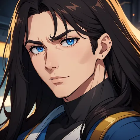 a close up of a man with long hair and blue eyes, digital art by Bernardino Mei, tumblr, digital art, handsome stunning realistic, handsome male, attractive male, wonderful dark hair, beautiful male face, beautiful young man, long dark hairs, with long hai...