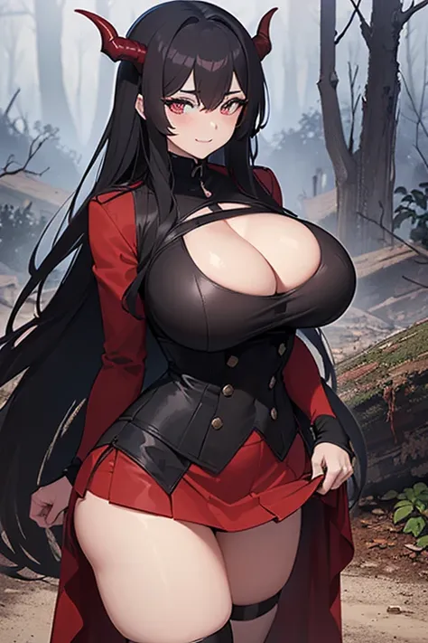 ((1 demon woman, curvy with long black hair and blue eyes huge breasts wearing a very small and tight and very revealing dress)),((1 curvy demon woman with long brown hair and red eyes with huge bigger breasts and wearing a mini skirt that shows her pantie...