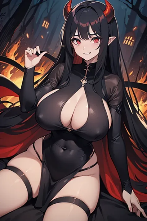 ((1 demon woman, curvy with long black hair and blue eyes huge breasts wearing a very small and tight and very revealing dress)),((1 curvy demon woman with long brown hair and red eyes with huge bigger breasts and wearing a mini skirt that shows her pantie...