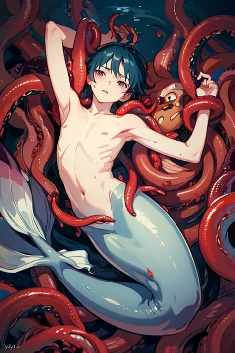 merman man、delicate、12 years old、whole body、Surrounded by countless red tentacles、my arms are tied with red tentacles、Red tentacles press on the body、Sweat、suffer