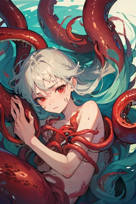 merman man、delicate、12 years old、whole body、Surrounded by countless red tentacles、my arms are tied with red tentacles、Red tentacles press on the body、Sweat、suffer、perspective close to the face