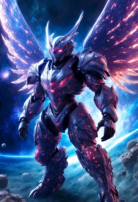 a mystical space creature with titanium body armor, piercing laser eyes, agressive look, flying through vastness of space, made of glass fibers, scificore --s [600] --v 6.0