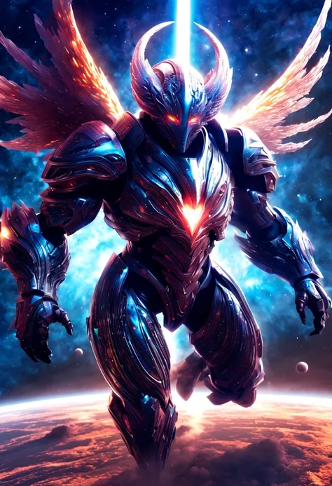 a mystical space creature with titanium body armor, piercing laser eyes, agressive look, flying through vastness of space, made of glass fibers, scificore --s [600] --v 6.0