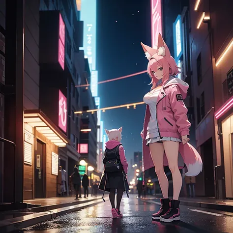 A woman with pink hair, has fox ears, Wear a jacket that covers your head, the woman has big breasts, Standing on the bridge leading to the road at night.