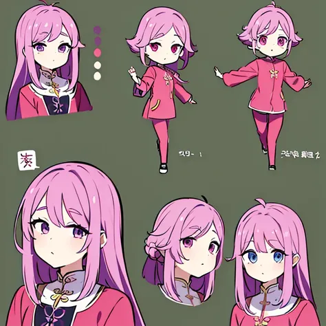 Personagem feminino chinesa,cabelo longo,cheio e ondulado de cor castanho escuro, seus olhos castanhos escuro, cor da pele parda, in anime version, de cores das veste branca, with pink and lilac details, em desenho flores, uma personagem feminina estilo an...