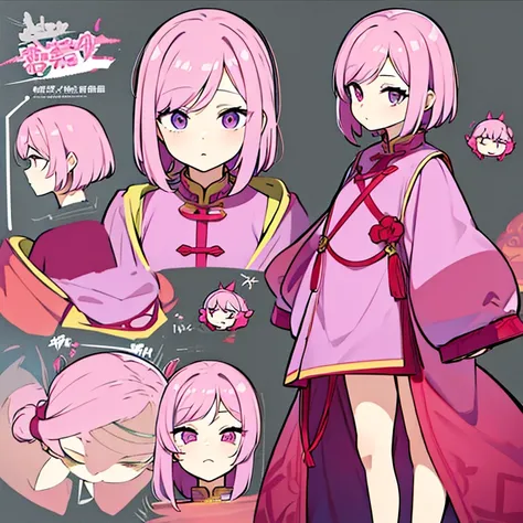 Personagem feminino chinesa,cabelo longo,cheio e ondulado de cor castanho escuro, seus olhos castanhos escuro, cor da pele parda, in anime version, de cores das veste branca, with pink and lilac details, em desenho flores, uma personagem feminina estilo an...