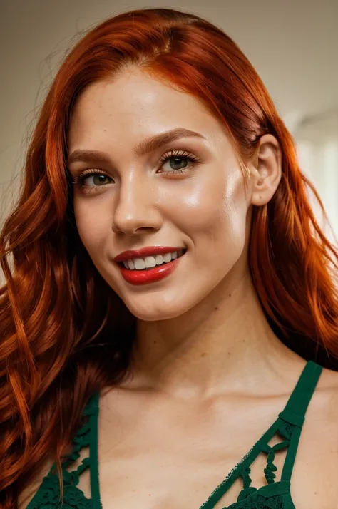 create the face of a 23 year old latina girl with long curly red hair, white teeth, red full lips, green eyes, thin face, long neck, sexy look, close up, UHD, retina, masterpiece, ccurate, anatomically correct, super detail, award winning, high quality, 4K...