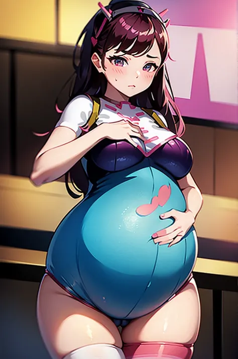 (((pregnant))), (((dva))), aheago, high quality, 4k, skin tight bodysuit, lolicon, Bimbo