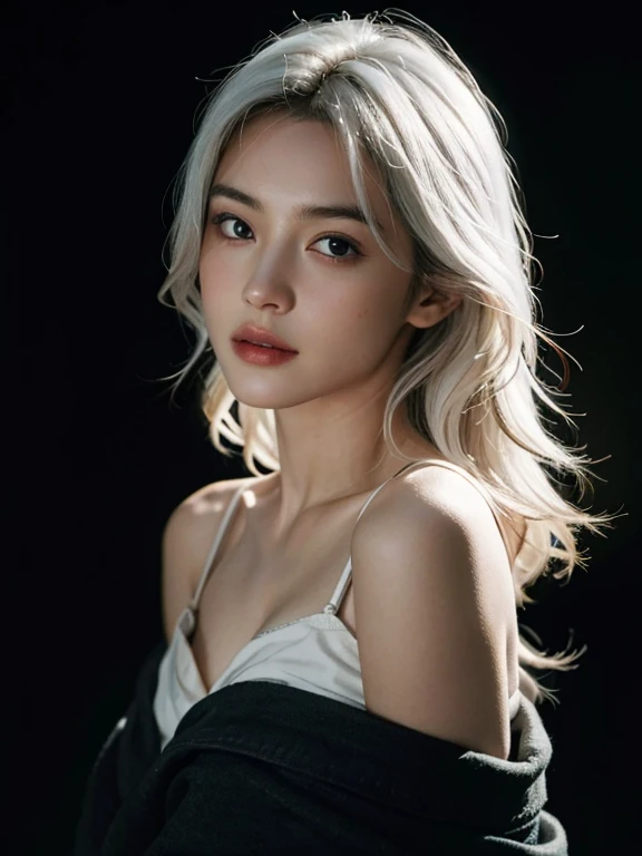 Best quality, masterpiece, ultra high res, (photorealistic:1.5), raw photo, 1girl, offshoulder, in the dark, deep shadow, low key, cold light, sexy look, white hair, long wavy hair