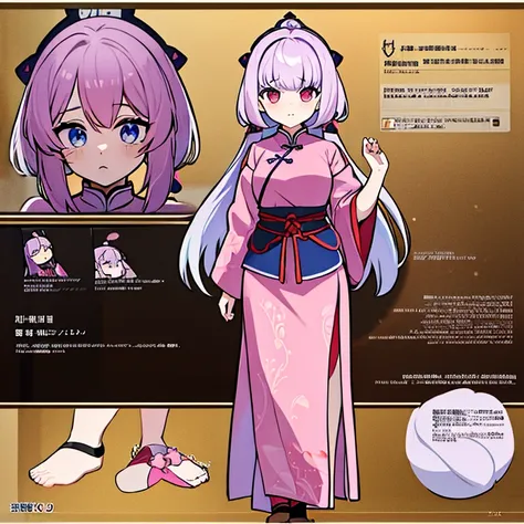 Chinese female character from the medieval period,cabelo longo,cheio e ondulado de cor castanho escuro, seus olhos castanhos escuro, cor da pele parda, in anime version, de cores das veste branca, with pink and lilac details, em desenho flores, uma persona...