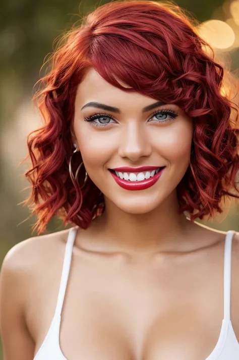 creates the face of a 20-year-old Latin girl with pink hair with curly red bob bangs, white teeth, full red lips, light blue eyes, thin face, hinted smile and sexy look, with large breasts, in the foreground, UHD, retina, masterpiece, ccurate, anatomically...