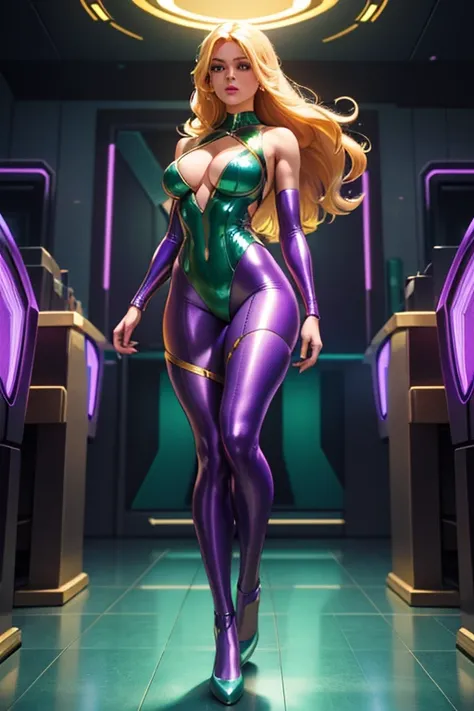 Best quality, 8K, vivid color, woman retro super hero futurism, full body, standing, facing away from the observer, golden hair, long eyelashes, light purple shiny leotard, cleavage, metalic details, light green pantyhose, neutral sci-fi scenario