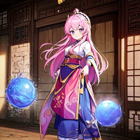 Chinese female character in the medieval period,cabelo longo,cheio e ondulado de cor castanho escuro, seus olhos castanhos escuro, cor da pele parda, in anime version, de cores das veste branca, with pink and lilac details, em desenho flores, uma personage...