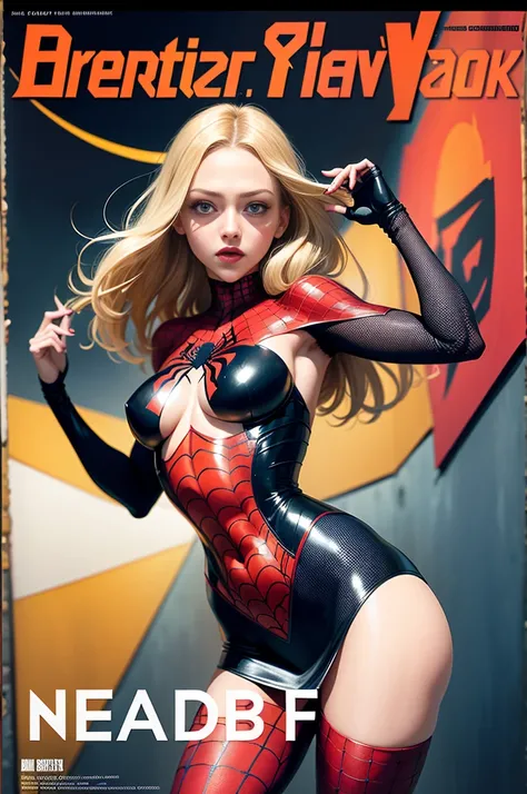 Amanda Seyfried、Sticking out the navel、newyork、She wears a torn Spider-Man suit,wearing a skirt、abstract photorealistic、(masterpiece、highest quality、High resolution:1.4)、detailed、複雑なdetailed、looking at the viewer, figure, (magazine:1.3), (cover-style:1.3),...