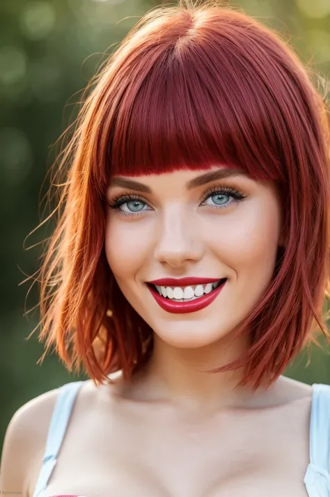 creates the face of a 20-year-old European girl with pink hair with curly red bob bangs, white teeth, full red lips, light blue eyes, thin face, hinted smile and sexy look, with large breasts, in the foreground, UHD, retina, ccurate, anatomically correct, ...