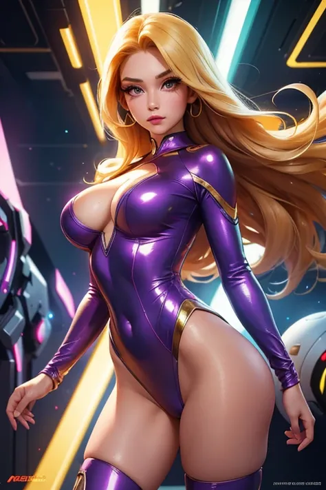 Best quality, 8K, vivid color, woman retro super hero futurism, beautiful and detailed face, big eyelashes,standing, facing away from the observer, golden hair, long eyelashes, light purple shiny leotard, cleavage, metalic details, light green pantyhose, n...