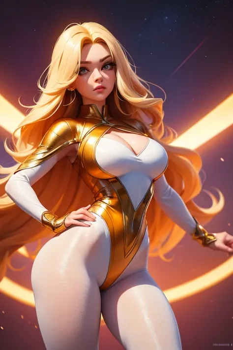 Best quality, 8K, vivid color, woman retro super hero futurism, beautiful and detailed face, big eyelashes,standing, facing away from the observer, golden hair, long eyelashes, light white shiny leotard, cleavage, orange metalic details, light white pantyh...