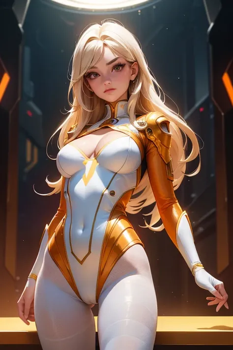 Best quality, 8K, vivid color, woman retro super hero futurism, beautiful and detailed face, big eyelashes,standing, facing away from the observer, golden hair, long eyelashes, light white shiny leotard, cleavage, orange metalic details, light white pantyh...