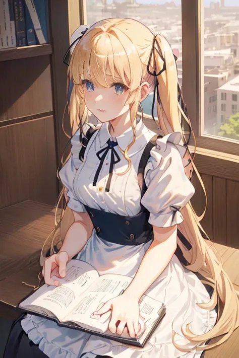 ticker_eriri, sawamura spencer eriri, 1 girl, blonde hair, blue eyes, twin tails, alone, tooth, long hair, hair ribbon, anime coloring book, blush, bangs, black ribbon, long dress, maid, maid apron, roswaal mansion maid uniform,
, (masterpiece:1.6, highest...